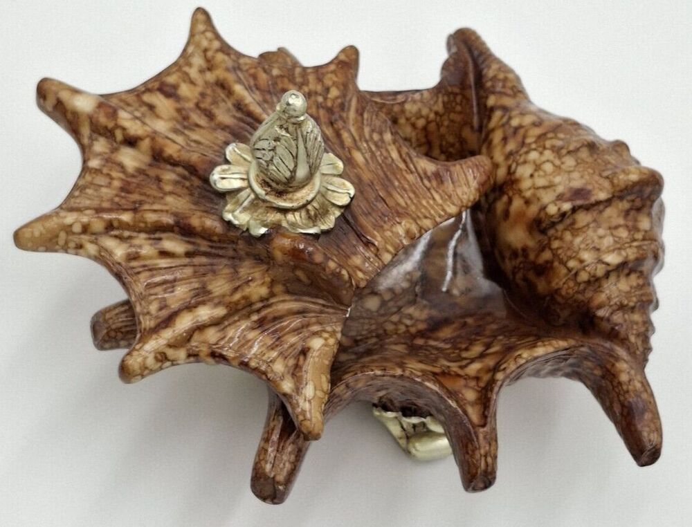 Vintage Starfish Conch Shell Resin Trinket Box Footed Nautical Vanity Dish